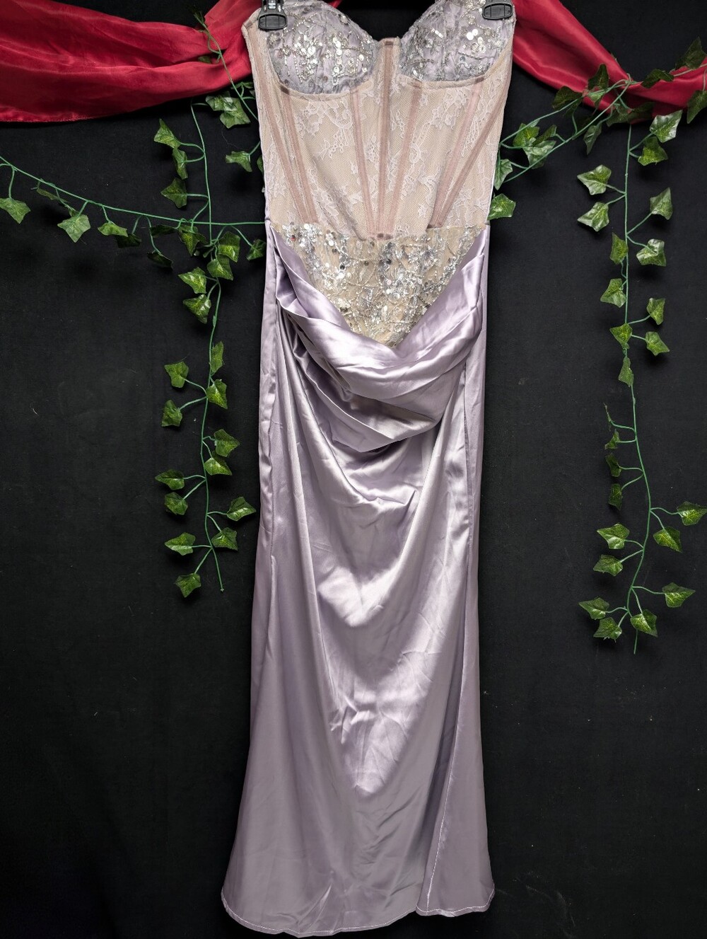 Lavender Satin & Lace Evening Gown - Embellished Bodice